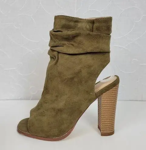 Liliana Anson Womens Boots 7.5 Olive Suede Peep Toe Ankle Cutout Block Heel