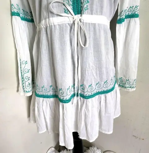 Soaked Boho Embroidered White Turquoise Tunic Dress Blue Size M