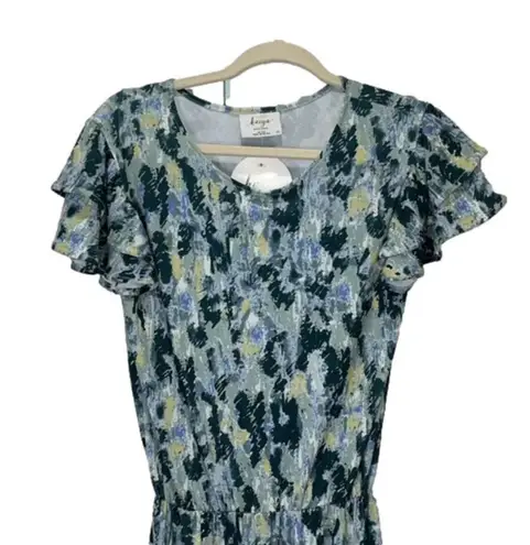 Rare NWT boutique dress rainforest print dress ruffle sleeves ruffle hem layered Blue Size XS