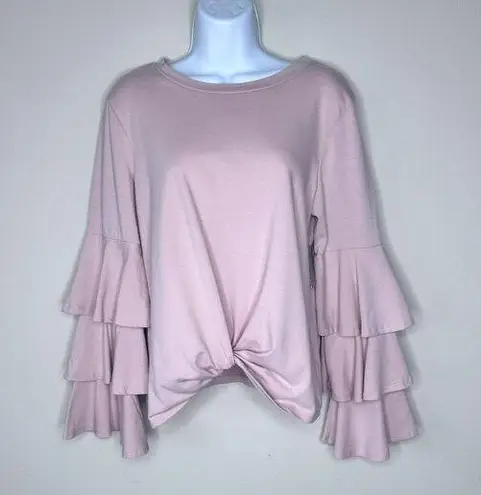 Belle Sky NWT Belle + Sky Pink Front Twist Top With Tiered Ruffled Bell Sleeves-Size M