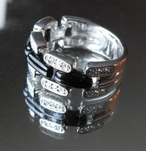 Stylish Women's Black Onyx Silver Ring with CZ Accents, Size 7