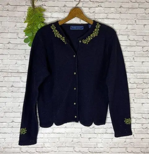 Karen Scott Vintage Navy Blue Cottagecore Embroidered Cardigan Sweater