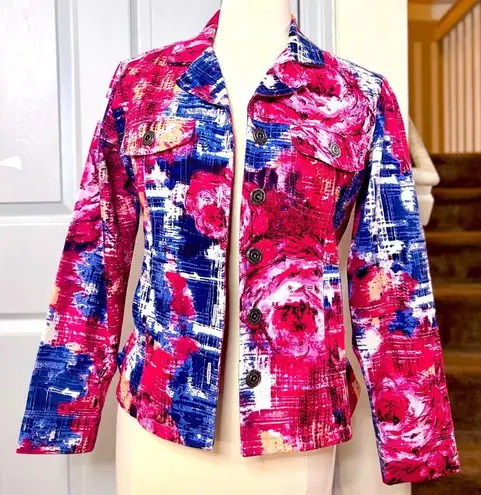 Chico’s Button Up Lightweight Utility Jacket Women’s Sz 0 Small Patriotic Vintag Blue