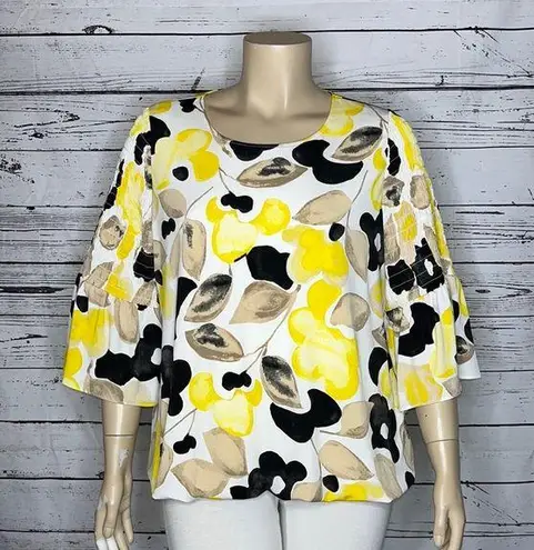 Alfani 2X Yellow Watercolor Floral Print Smock Bell Sleeve Bubble Hem Blouse Top