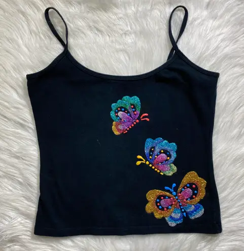 Vintage Y2K Glitter Glue Butterfly Crop Top Medium Black