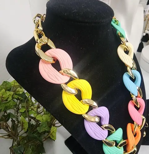 Chunky Pastel Multi Color Acrylic Chain Necklace Earrings Set New Gold