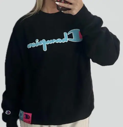 Champion Black Pink And Blue Lettered Crewneck Hoodie