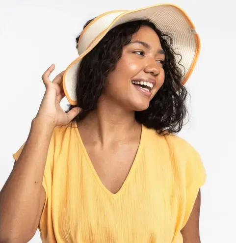 Gal Bashy • NWT Jimani Roll Up Straw Sun Visor With Printed Binding in Mango Tan