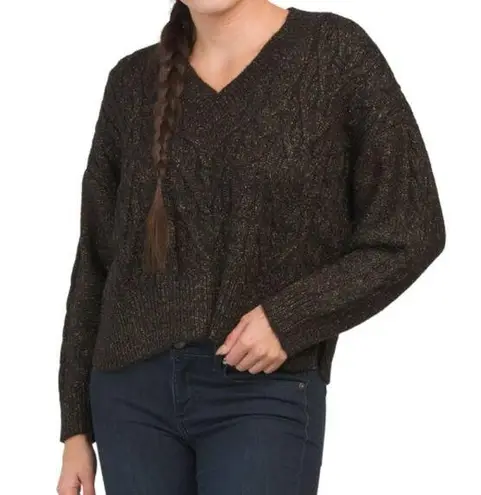 Band of Gypsies Band of The Free Lurex Oversized V-neck Cable Knit Sweater Size XS - Black - NWT