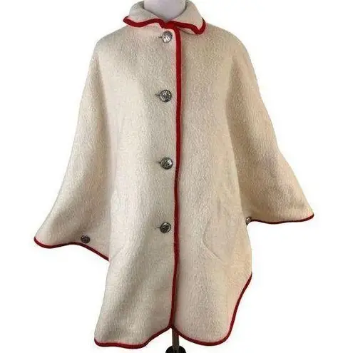 Vintage Women's Max Hurni Cream and Red Wool Coat Cape Poncho Size L