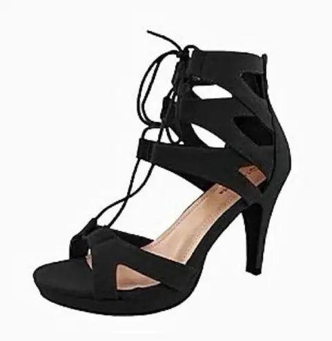 Top Moda Strappy Stiletto Lace Up Heels Black 8.5 Nubuck Party
