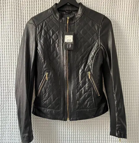 United Face black leather/fabric quilted moto jacket gold zippers women's med