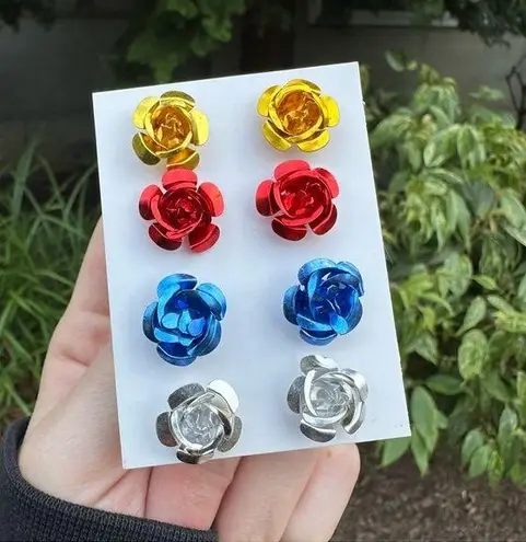 4 Large Metallic Rose Metal Stud Earrings Flawed Gold