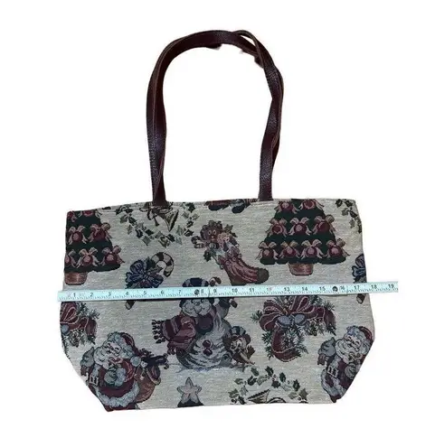 Orvis Christmas handbag tote woven fabric tapestry leather straps