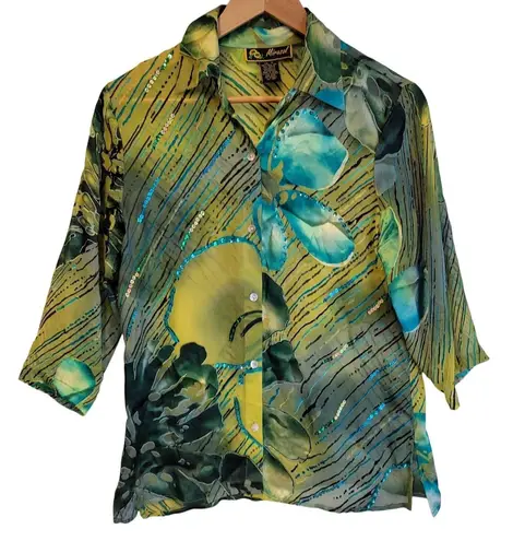 Vintage Burnout Velvet Silk Top Button Sequins Artsy Floral Abstract Size S