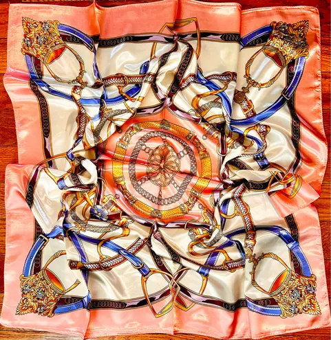 Vintage Equestrian PINK PEACH Royal Crown print oversized silky Scarf 35/35