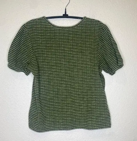 Roolee Green White Short Puff Sleeve Knit Shirt EUC Sz M Cotton Poly Stretch