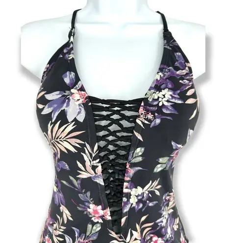 Ambrielle | NWT | Medium | One Piece Swimsuit Black Pink Silver Floral Pattern