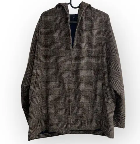 ZARA  CASHMERE Wool Oversized Hooded Brown Plaid Cape Poncho Shrug Coat medium