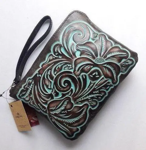 Patricia Nash Cassini Wristet Make Up Bag NEW Embossed Turquoise Leather