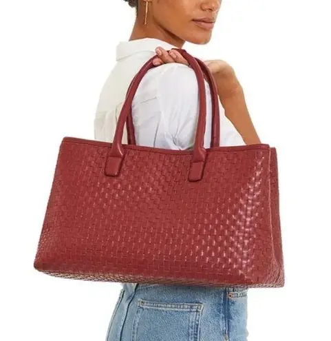 Lulu Dharma Burgundy Woven Tote Weekender Travel Bag Vegan Leather Red