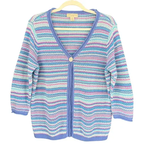 A7 Y2K VTG Appleseeds Striped Linen Cotton Blend Button Front Cardigan Sweater Pink Size M