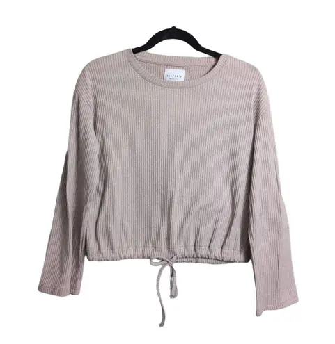 ALL FENIX Oatmeal Beige Ribbed Knit Crew Neck Drawstring Athleisure Crop Top S Tan