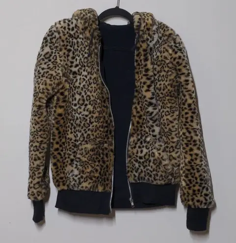 Moussy Hoodie Jacket Brown Beige Black Leopard Print Long Sleeve Zip Pockets F Size undefined
