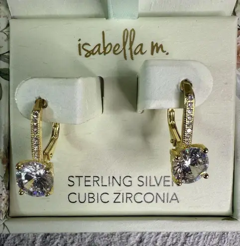 NIB Isabella M Sterling Silver Vermeil Cubic Zirconia Drop Earrings Leverback Gold