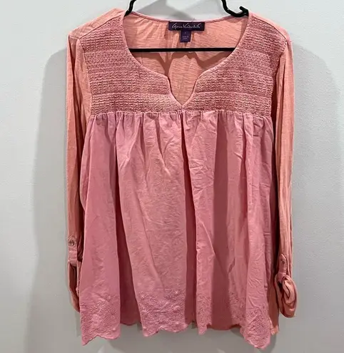 Gloria Vanderbilt  pink vneck roll tan blouse size large