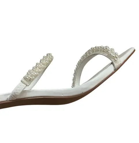 Ainrock White Beaded Pearl Women’s Square Toe Slip On Chunky Block Heel Sandals