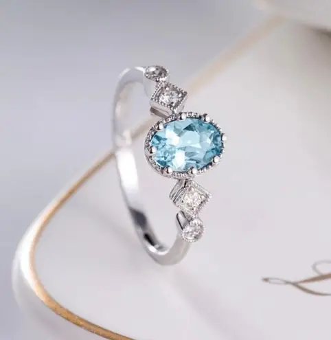 18K White Gold Plated Adjustable Blue Crystal Aquamarine Sapphire Ring for Women Silver
