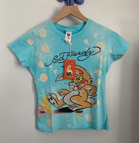 Ed Hardy Small NEW Rabbit Print Sky Blue Baby Tee Splattered Grey Y2K Deadstock