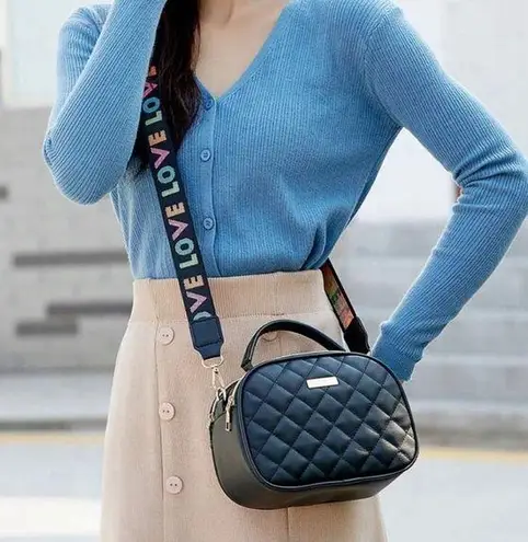 Quilted Square Bag Metal Decor PU Black Zipper