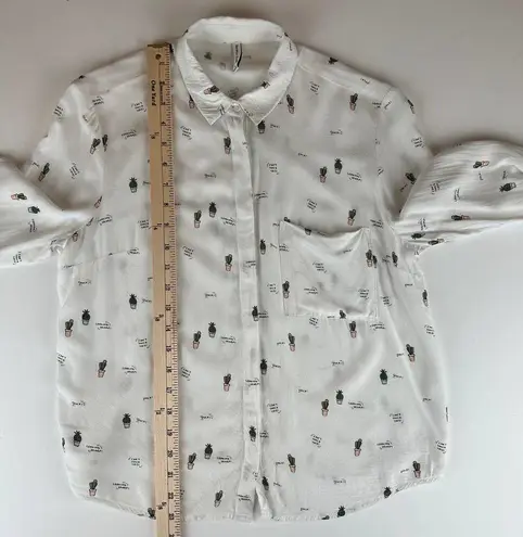 Bershka BSKGIRL Cactus Print Women's Button Down Long Sleeve Shirt White Size S