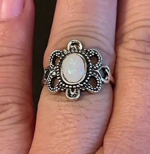 Oval simulated opal silver plated ring size 7.75