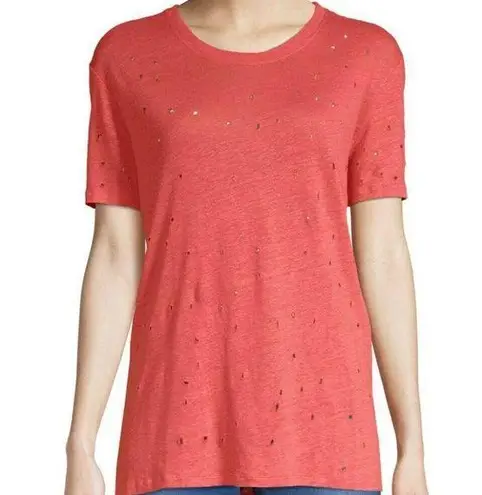 IRO Distressed Clay Top 100% Linen T-Shirt Pink Coral Short Sleeve Womens Size S