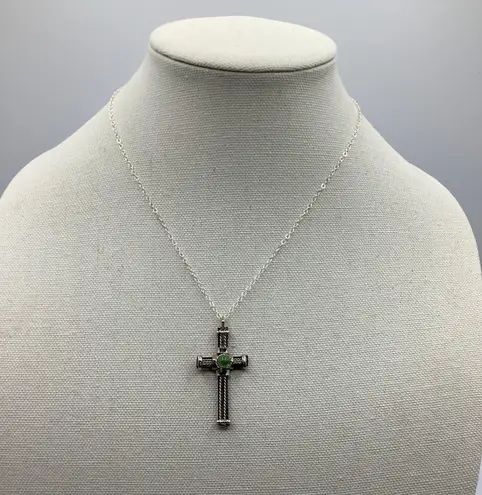 Handmade Black Cross Green Stone Chain 18” Adjustable To 20” Silver Tone