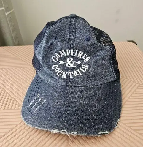 Baseball Cap Campfires & Cocktails Hat Blue Denim Distressed White Embroidered