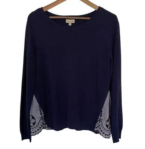 Maison Jules Pullover Sweater Embroidered Hem Detail Navy Blue Size Large Casual