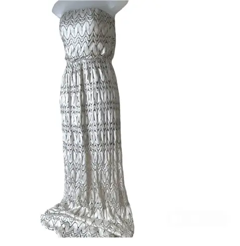 Sans Souci Metallic Strapless Crochet Lace Overlay Hi-Low Maxi Dress Beige M