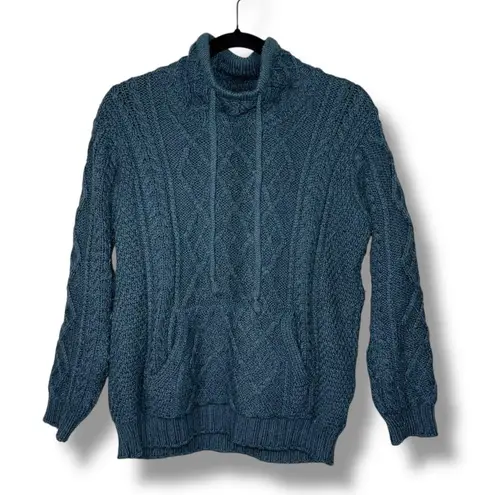 Aran Cable Knit Wool Blend Turtleneck Sweater Pullover Blue Small Womens