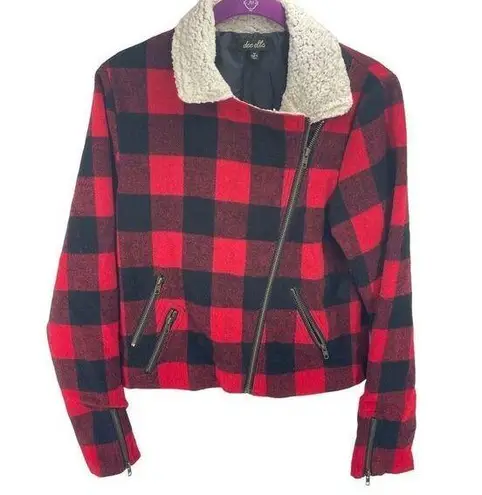 Dee Elle  Vintage Red Buffalo Plaid Sherpa moto Jacket angle zip Medium