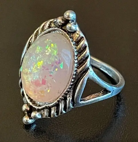Oval simulated opal silver plated ring size 5.25