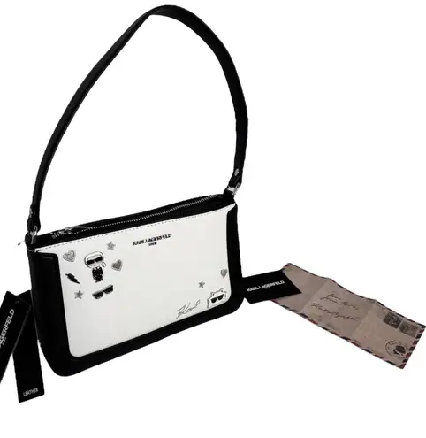 Karl Lagerfeld LEATHER SHOULDER BAG Black & White Handbag Mini Purse 10"x6" NWT!