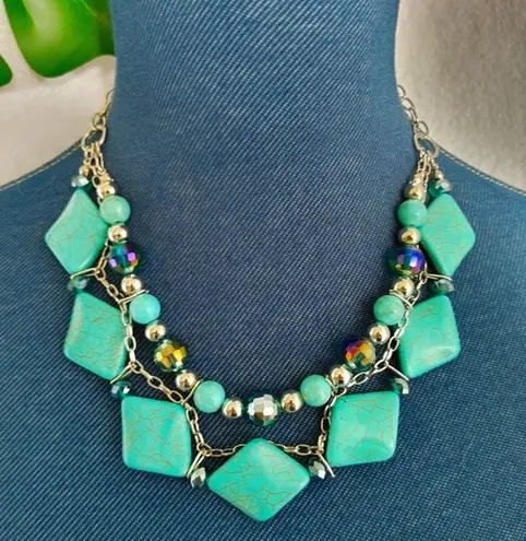 Boho Turquoise Crackle Stone Necklace Set Blue