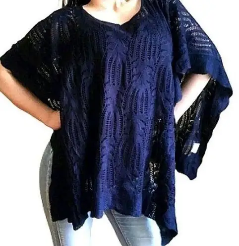 New York And Company  Poncho Top Navy Crochet Knit Lagenlook Boho Beach Cover Up