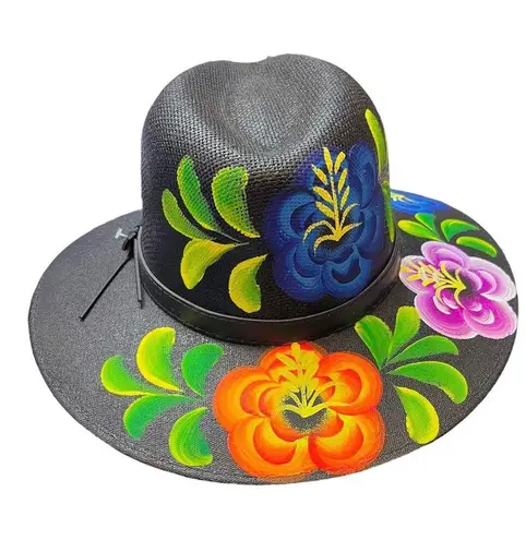 HAT MEXICAN Artisanal Hand Painted Fedora Floral Sombrero Panama Bohemian Black