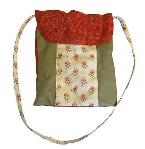 Handmade Burlap & Floral Sage green & Rust cottagecore tote .