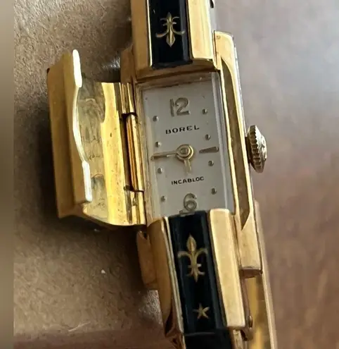 Ernest Borel Watch Incabloc Cuff with Gold Fleur Di Lis Insignia Vintage Antique Black